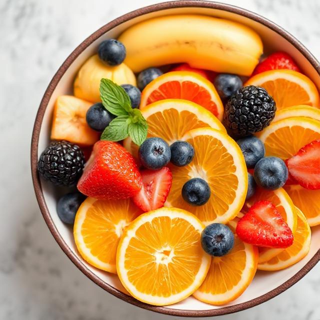 Fresh bowl of berries, oranges, bananas.