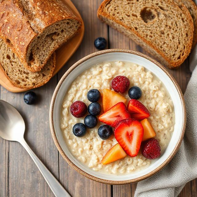 Bowl of oatmeal with fruits, whole-grain bread.