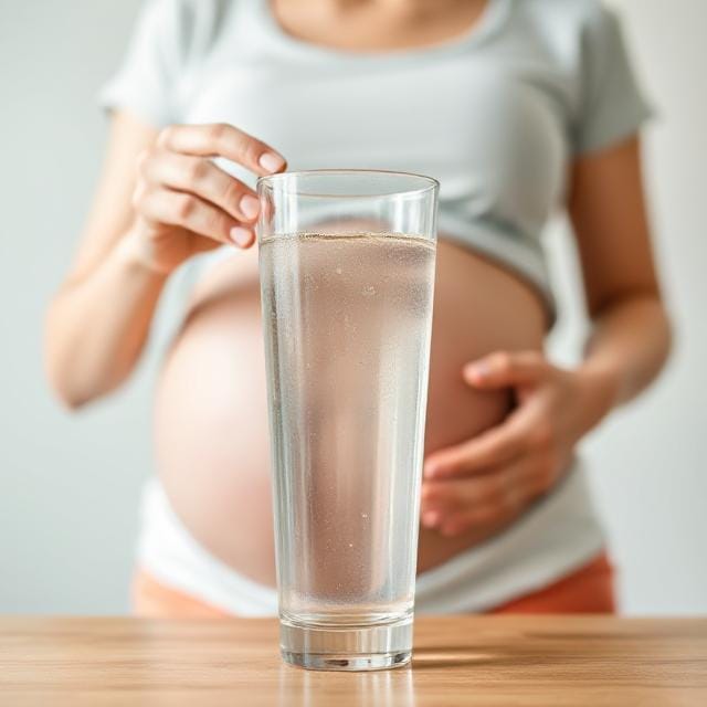 Glass of water with pregnant woman drinking