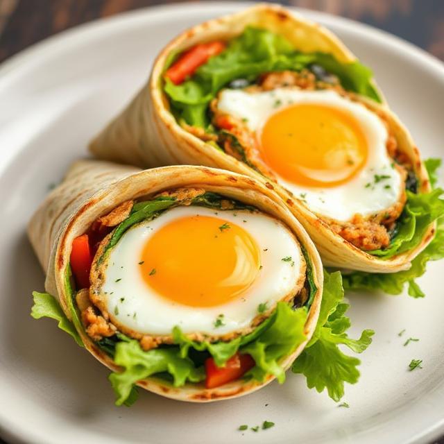 Scrambled eggs or eggs in veggie wraps.