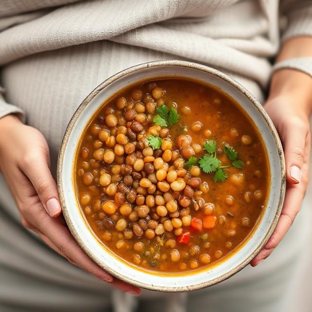 Lentils, beans in a bowl, or pregnant woman eating lentil soup.