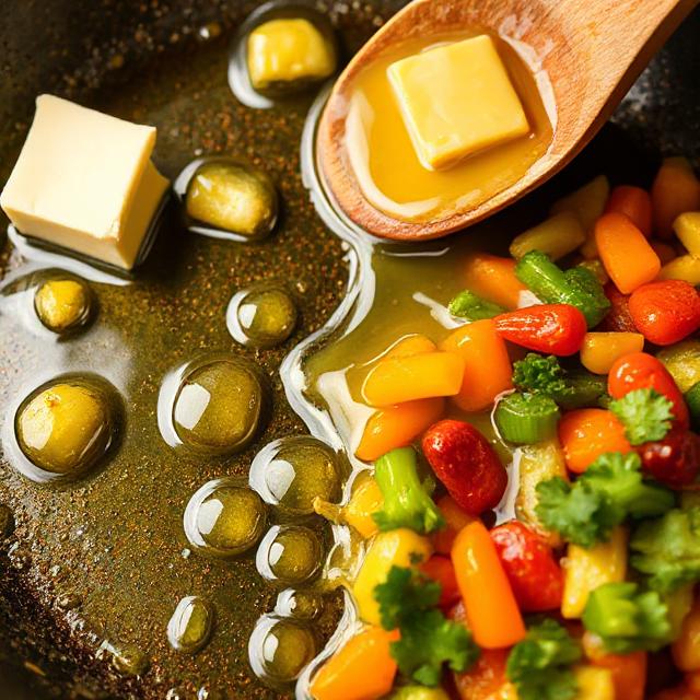 A photo comparison: one side with butter and palm oil frying; other side with sunflower or canola oil beside vegetables.